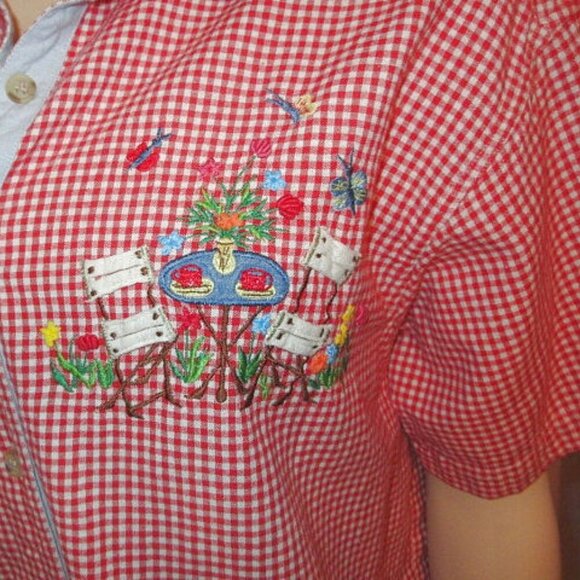 90s Vtg Embroidered Gingham Top Size 1X Cat Country Farmhouse Prairie Cottage - Picture 4 of 12